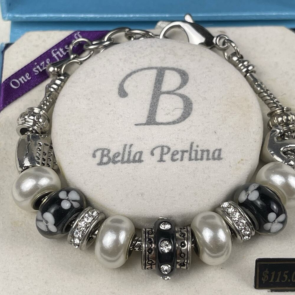 Bella Perlina Charm Bracelet BP16003R Pearl Glass Rhinestone Silver Tone NWT